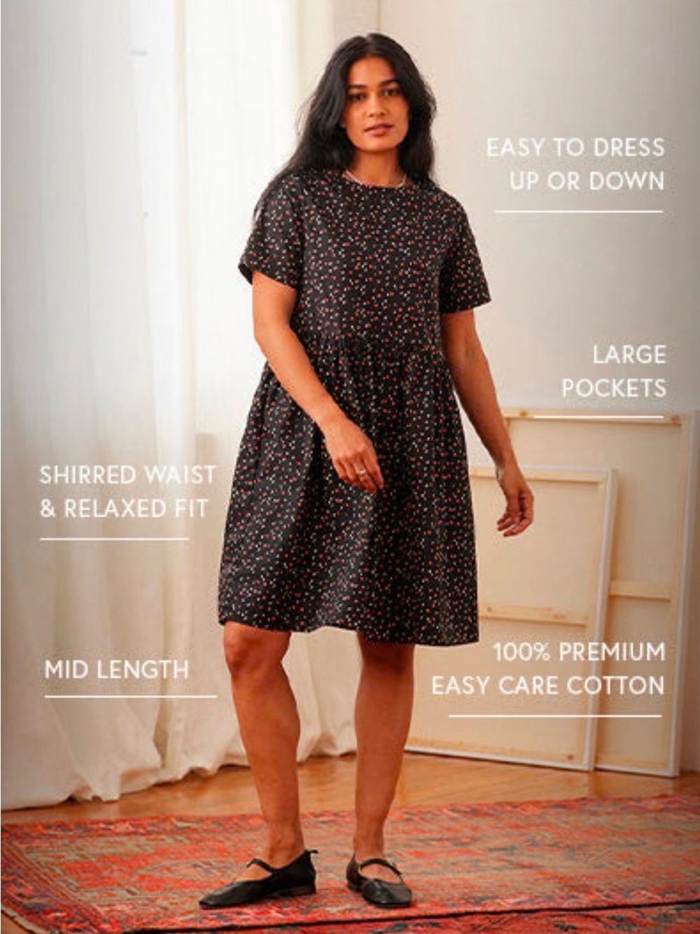 Tradlands Women's Black Floral Mid-Length Nico Dress with Shirred Waist